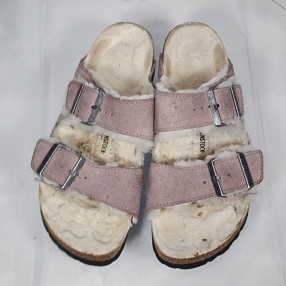 Birkenstock Arizona 37/6 N Sherpa Shearling Suede Leather Slide Sandals Mauve